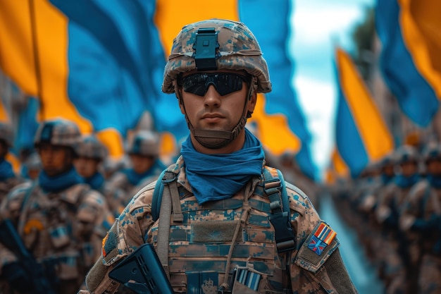 A disciplined military parade showcasing ukrainian uniformed soldiers in precise formation