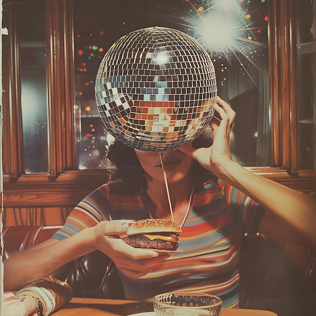 Photo disco ball cheerful girl enjoying hamburger party concept