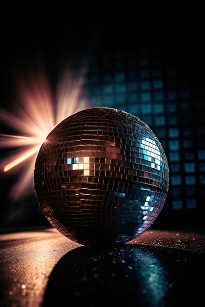 A disco ball in a dark room with the light shining on it.