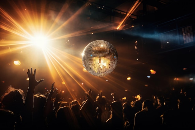 A disco ball hanging from the ceiling in front of a crowd