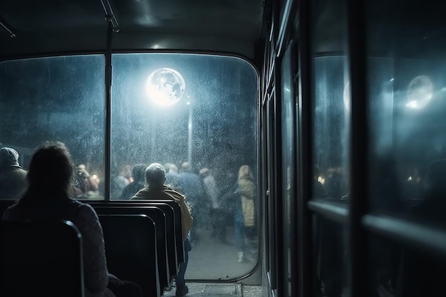 A disco ball is visible through a bus window.