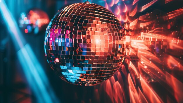 Disco ball reflecting colorful lights in a nightclub