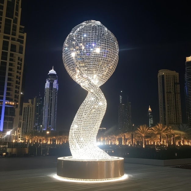 Photo a disco ball with a ball on it is in front of a cityscape