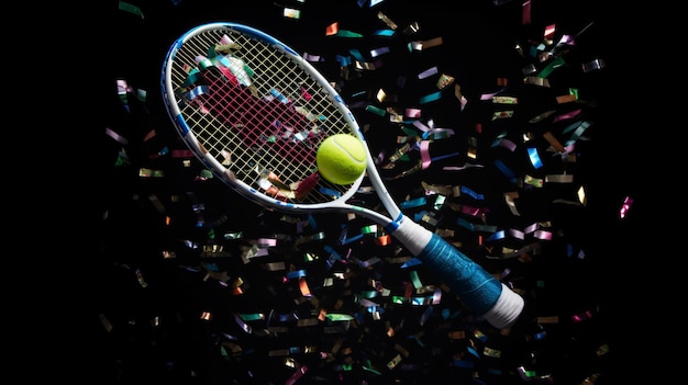 Disco ball with tennis racket and confetti on a dark