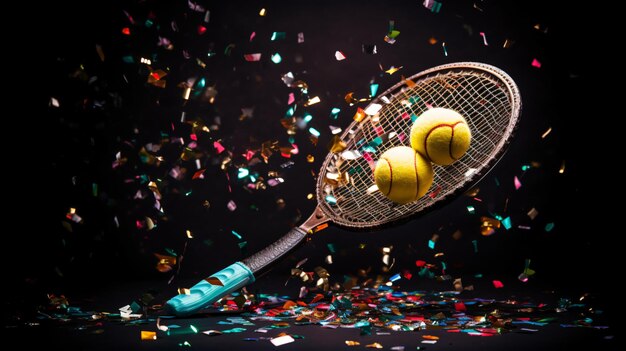 Disco ball with tennis racket and confetti on a dark