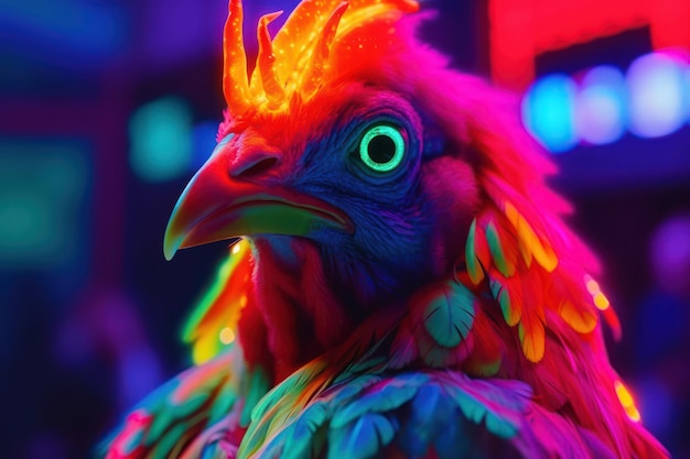 Disco cock with neon light chicken retro cyber style Generative AI