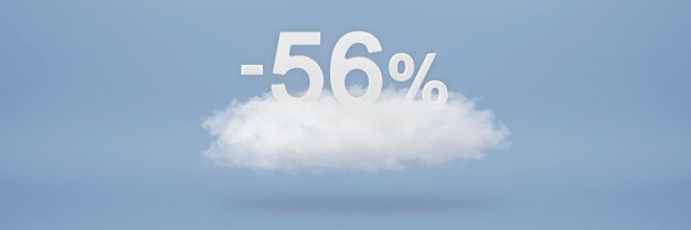 Discount 56 percent Big discounts sale up to fifty six percent 3D numbers float on a cloud on a blue background Copy space Advertising banner and poster to be inserted into the project