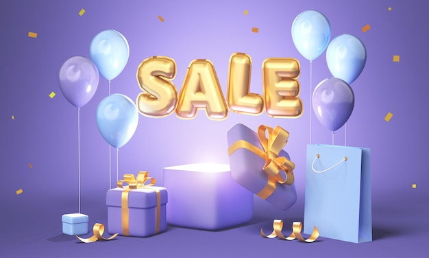 discount banner design with golden sale balloon phrase on purple background with gift box