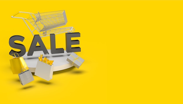 Discount, sale text, shopping backgraund with shopping cart, gift and bags, 3d render