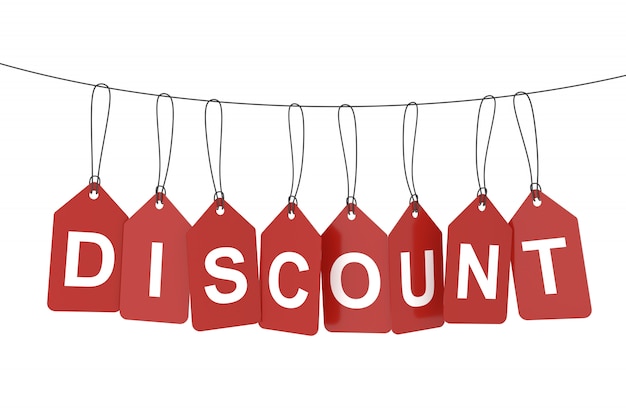 Discount word on hanging tags or labels. 3D rendering.