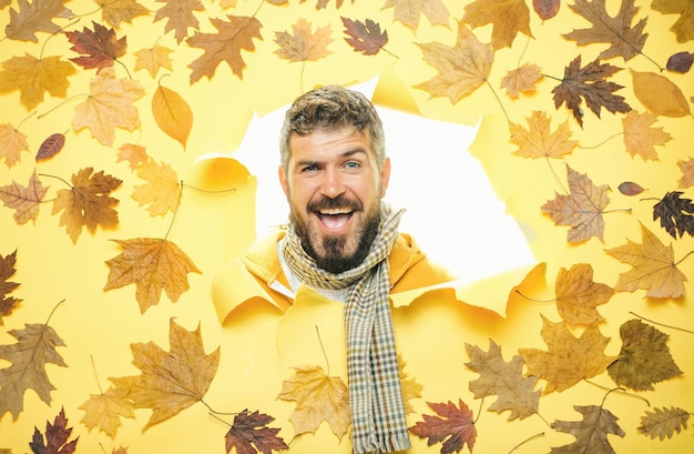 Discounts for all autumn clothes Sale of autumn clothing Autumn mood and weather are warm and sunny and rain is possible Funny expression Handsome funny male with background board for Copyspace