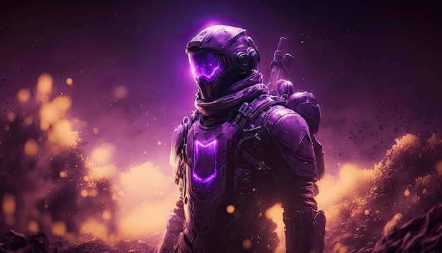 Discover alien worlds with this captivating Firefly bacteria emitting a ghostly purple glow armored in space suits on the surface of a distant planet with a stunning galactic sky Generative AI