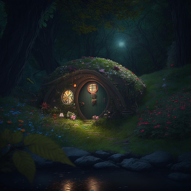 Discover a charming Hobbit house adorned with flowers and lights in a dark AI