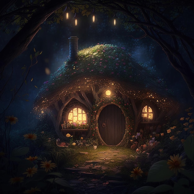 Discover a charming Hobbit house adorned with flowers and lights in a dark and enchanting fantasy forest Generated by AI