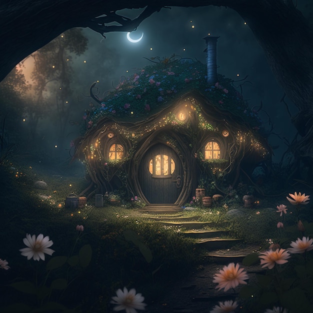 Discover a charming Hobbit house adorned with flowers and lights in a dark and enchanting fantasy forest Generated by AI