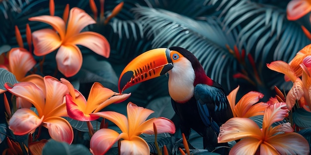 Photo discover the colorful tropical paradise with toucans palm trees and exotic flowers concept tropical paradise toucans palm trees exotic flowers colorful wildlife