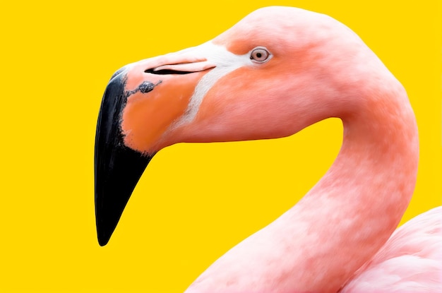 Discover the elegance of a close up pink flamingo against a vibrant yellow background in this captivating stock photo AI Generated