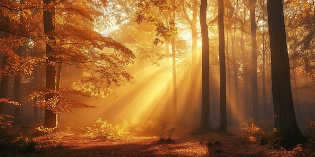 Discover the enchanting beauty of an autumn forest painted in vivid hues during the morning