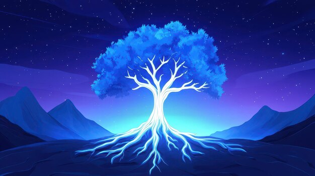 Photo discover the magic of tree roots aglow in shimmering blue