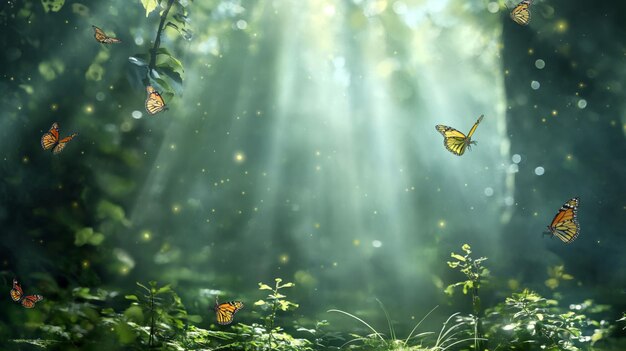 Discover the mystical and enchanting woodland filled with shimmering butterflies Glowing sunbeams And ethereal light rays