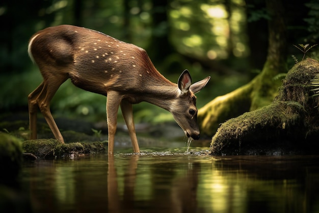 Discover the Serenity of Nature Watch a Majestic Deer Drinking from a Forest Stream