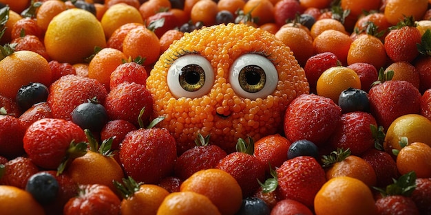 Photo discover a vibrant urban world where fruits with faces add a playful and colorful twist to daily life