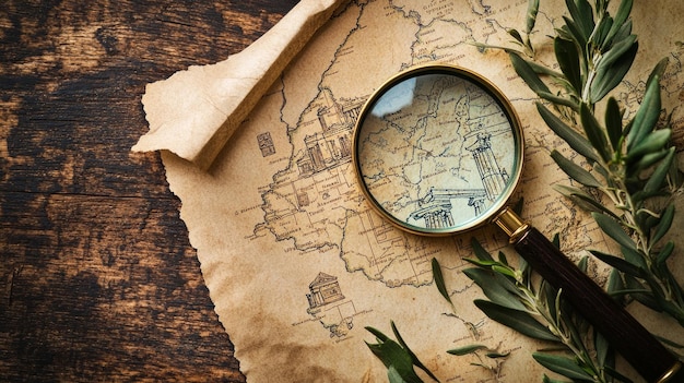 Photo discover the world through this vintage map and magnifying glass perfect for explorers and adventure lovers the warm tones and textured paper evoke a sense of history and exploration ai