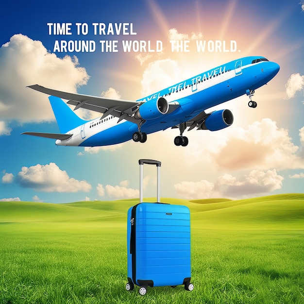 Discover the World Vibrant Travel Ad with Soaring Blue Airplane