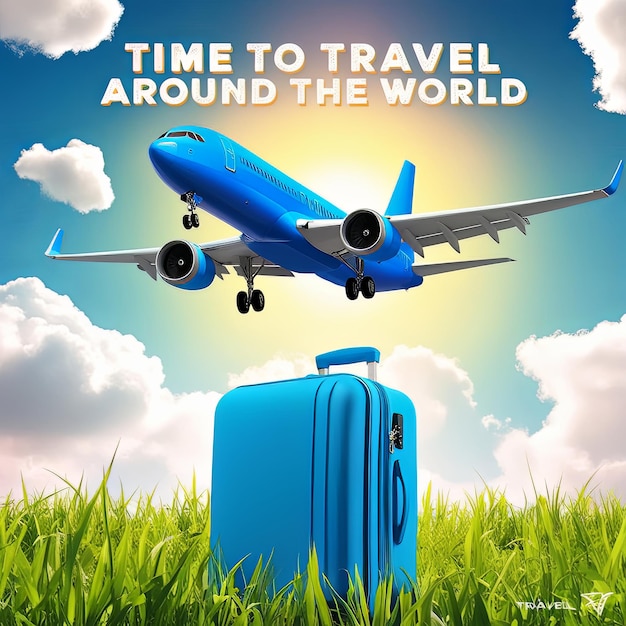 Discover the World Vibrant Travel Ad with Soaring Blue Airplane