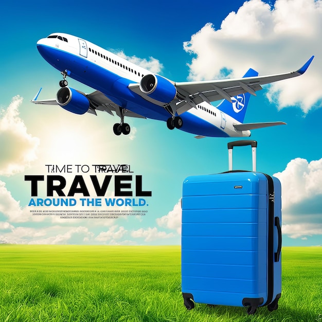 Discover the World Vibrant Travel Ad with Soaring Blue Airplane