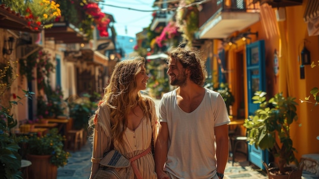 Discovering Coastal Charms Romantic Couple Adventuring through Sunny Townscape