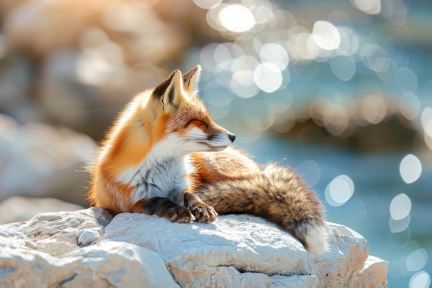 Discovering Wild Animals in Natural Areal Little Fox Sunbathing on White Stone Near Water in Nature