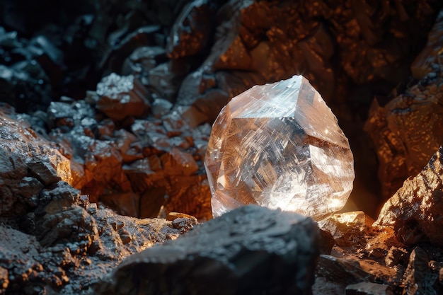 Photo discovery of a large sparkling gem in a dark mine rough crystal shines brightly surrounded by rocks valuable precious stone 4k hd