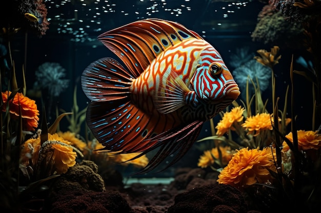 Discus fish surrounded by vibrant glowing aquatic shapes