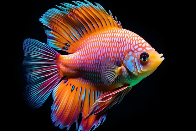 Discus fish with rainbow glowing fins swimming gracefully