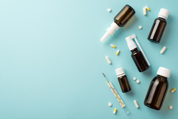 Diseases concept Top view photo of medicines transparent brown bottles tablets white and yellow capsules and thermometer on isolated light blue background with copyspace