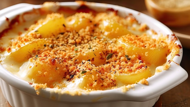 A dish of baked potatoes with a crumb topping.