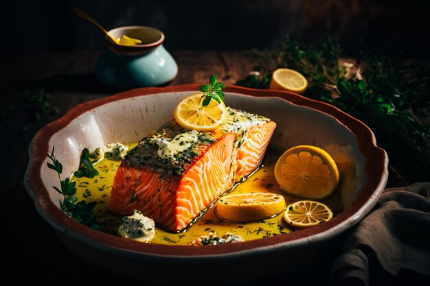 A dish of baked salmon topped with a lemon herb butter