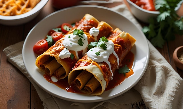 A dish of delicious enchiladas with melting cheese on top