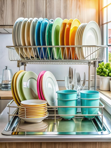 Photo dish drying rack with colorful plates and glasses in a bright kitchen generative ai