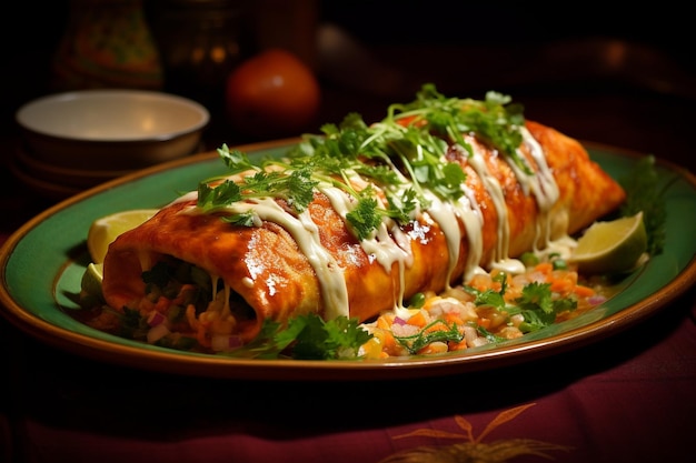 Dish of enchiladas on a rustic and colorful plate traditional mexican food