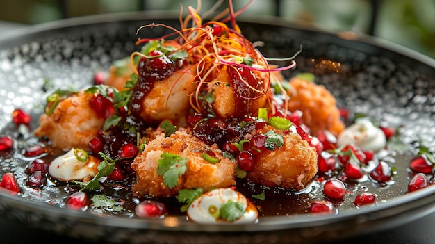 A dish featuring a blend of assorted fried meats accompanied by a tantalizing pomegranate