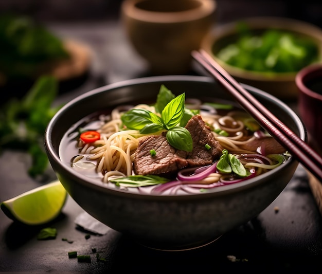 A dish of flavorful beef pho with lime and herbs Generative AI