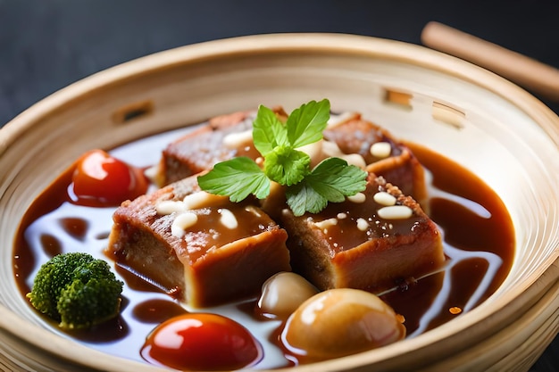 a dish of food with a green leaf on top.