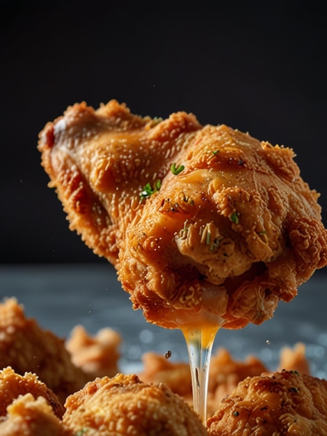 a dish of fried chicken is being poured into a glass