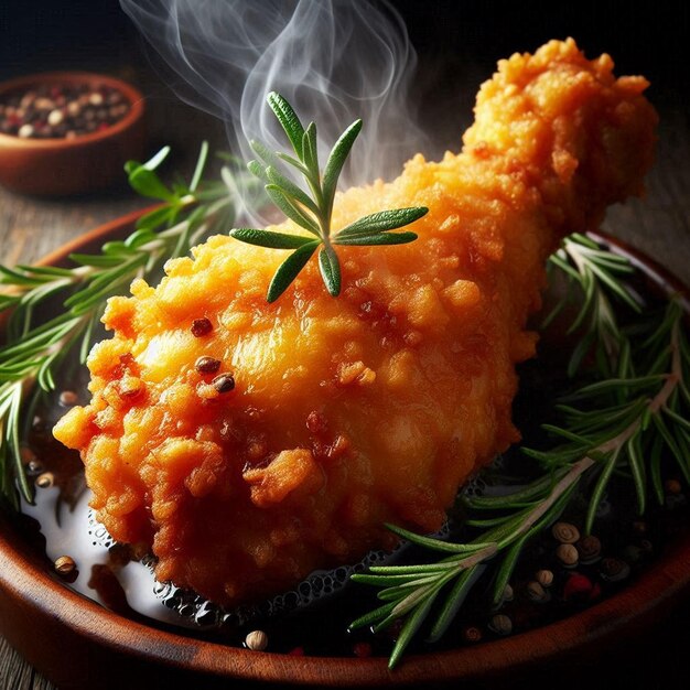 Photo a dish of fried chicken with rosemary on top of it