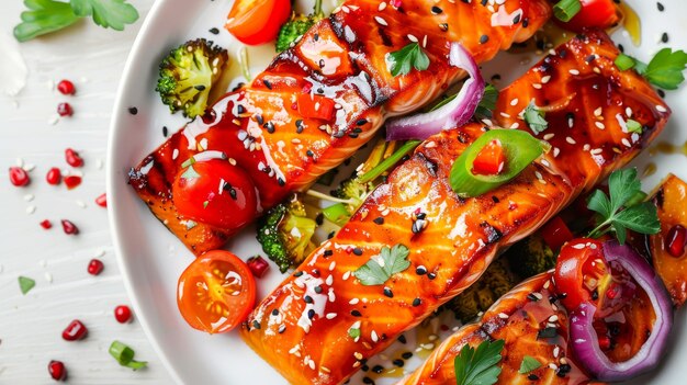 A dish of grilled salmon fillets topped with sesame seeds and garnished with cherry tomatoes broccoli and vibrant vegetables exuding a mouthwatering appeal