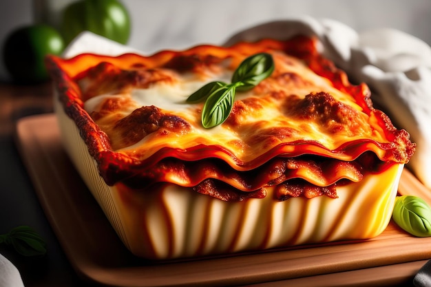 A dish of lasagna with a green leaf on top