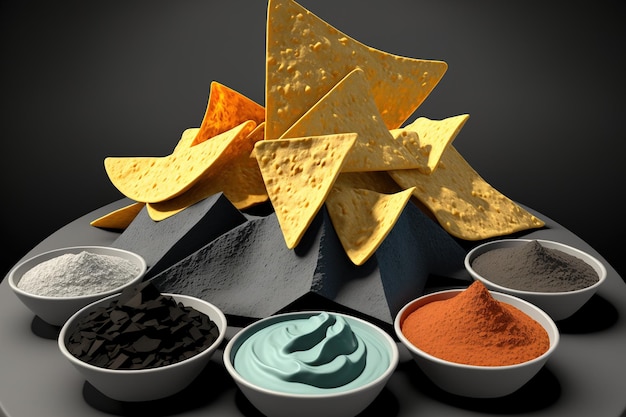 A dish of nacho chips with a choice of sauces and dips stone that is gray in color looking up