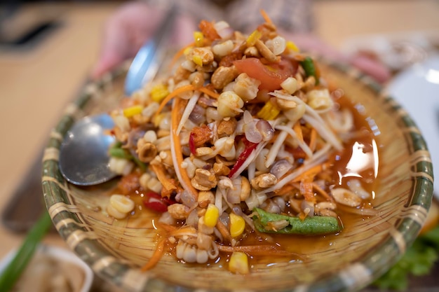 Dish of Papaya Salad Spicy Thai food or Somtum street food famous Thai food